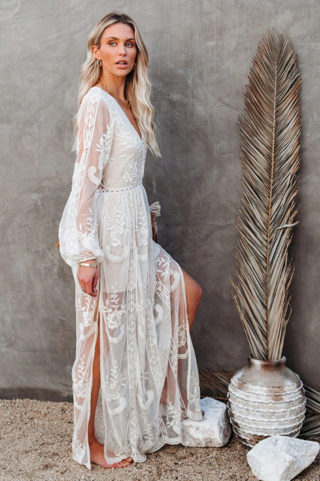 LD Lange jurk in bohemian stijl met elegante opengewerkte details