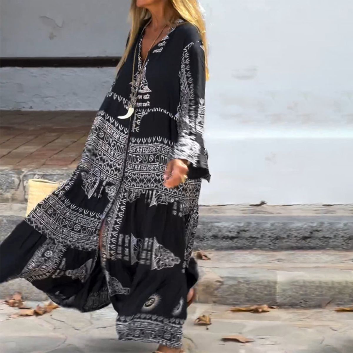 LD | Trendy maxi jurk met V-hals en klokmouwen