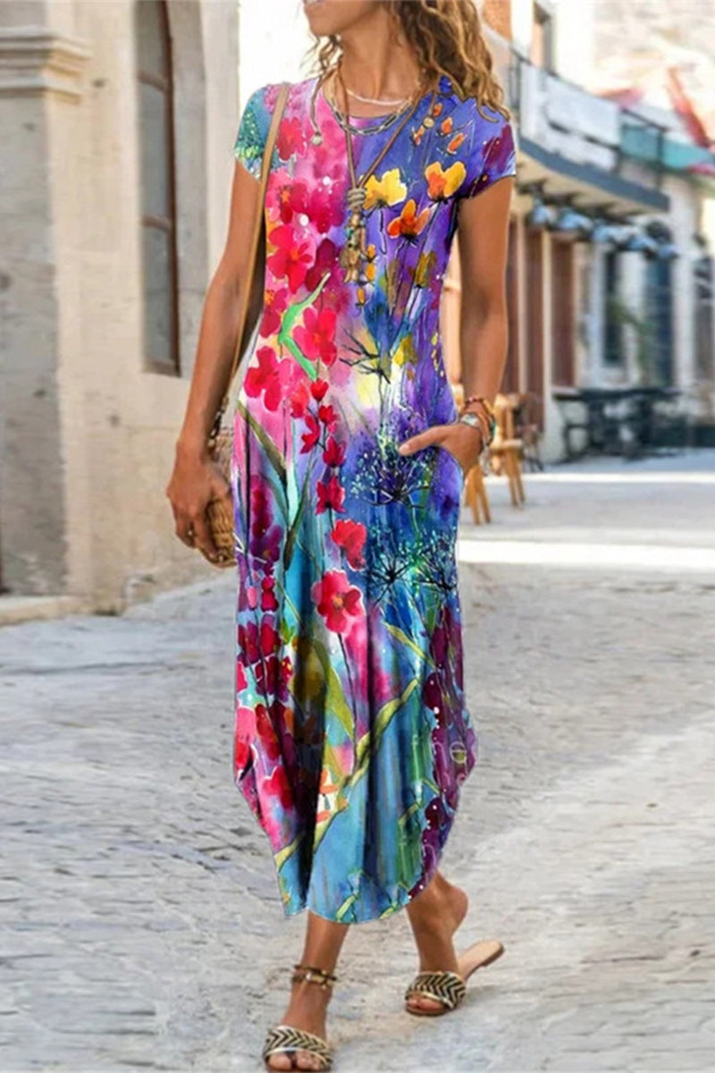 LD | Casual Street Print Patchwork O Neck Korte Mouw Jurken (10 Kleuren)