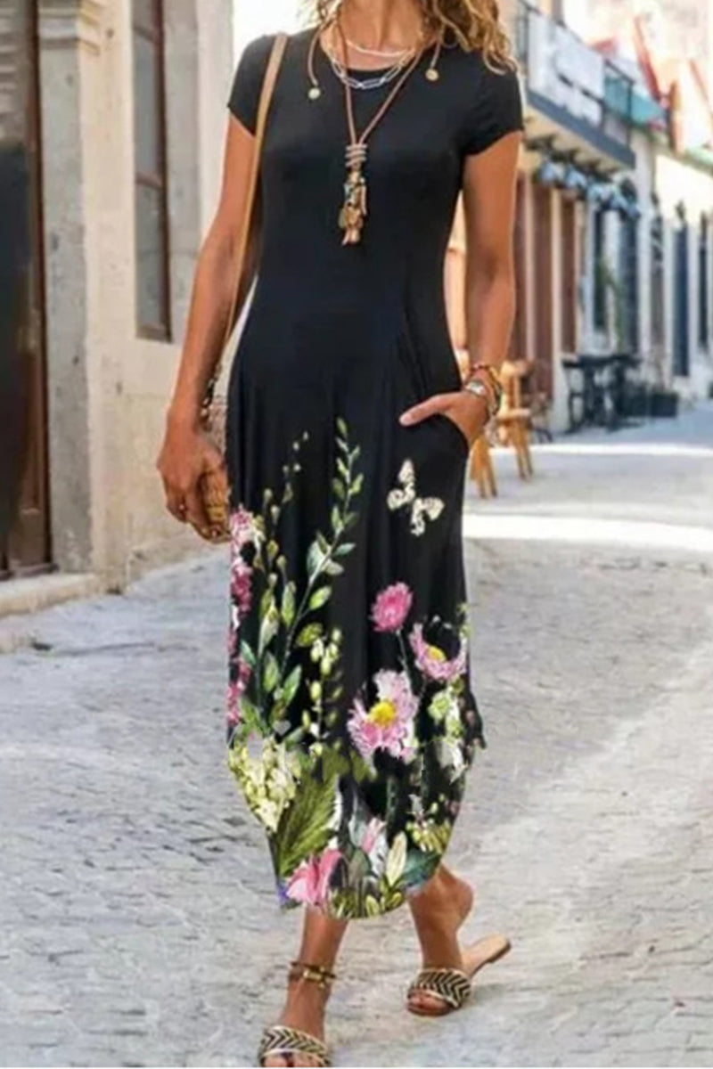 LD | Casual Street Print Patchwork O Neck Korte Mouw Jurken (10 Kleuren)