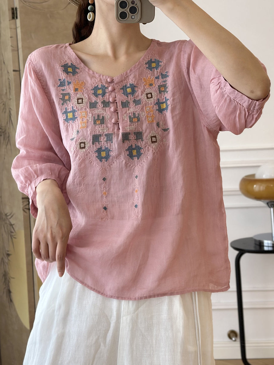 LD Dames Zomers Etnisch Geborduurd Ramie Shirt