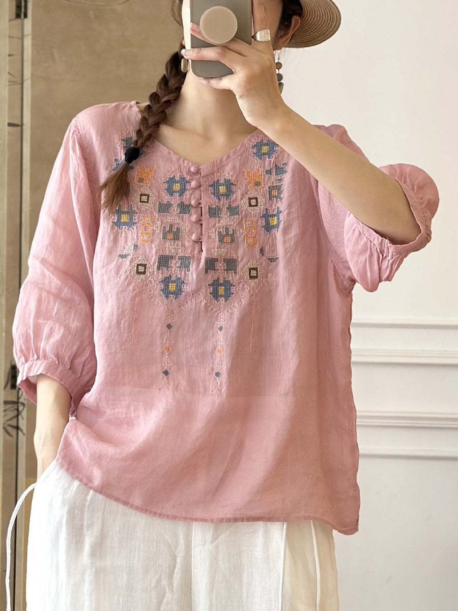 LD Dames Zomers Etnisch Geborduurd Ramie Shirt