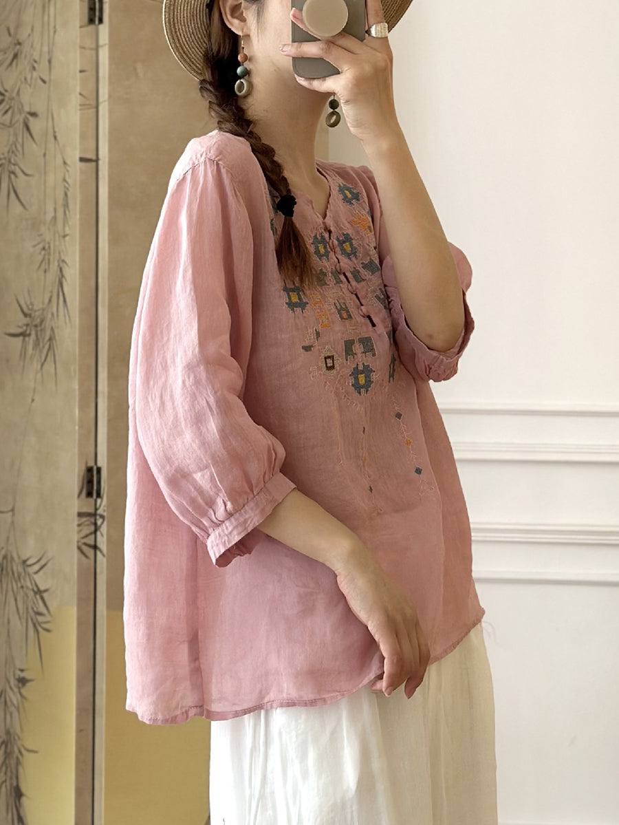 LD Dames Zomers Etnisch Geborduurd Ramie Shirt