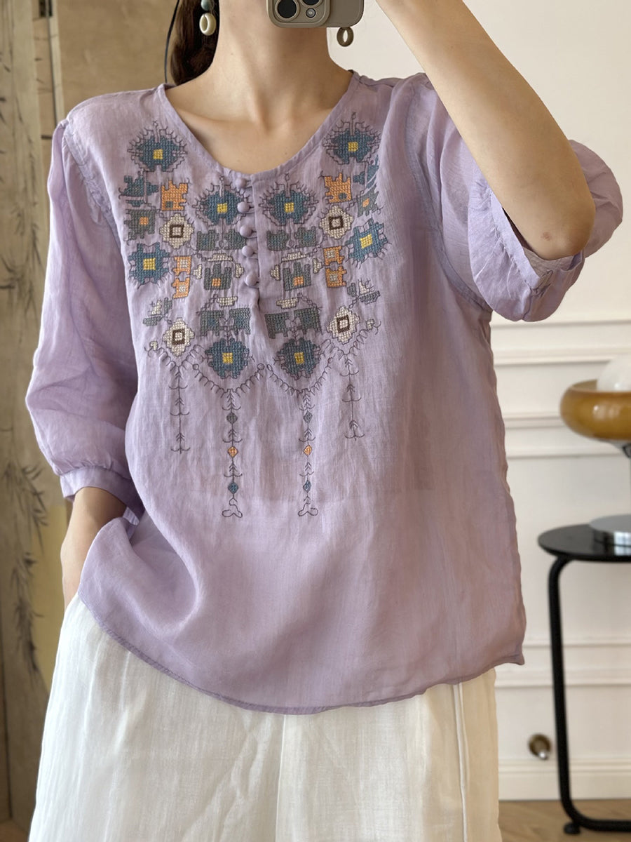 LD Dames Zomers Etnisch Geborduurd Ramie Shirt