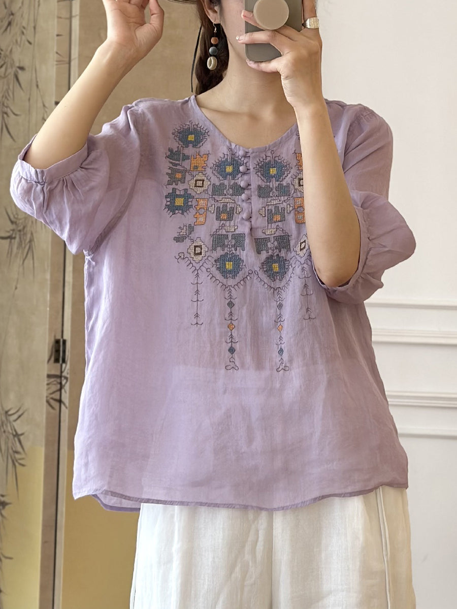 LD Dames Zomers Etnisch Geborduurd Ramie Shirt