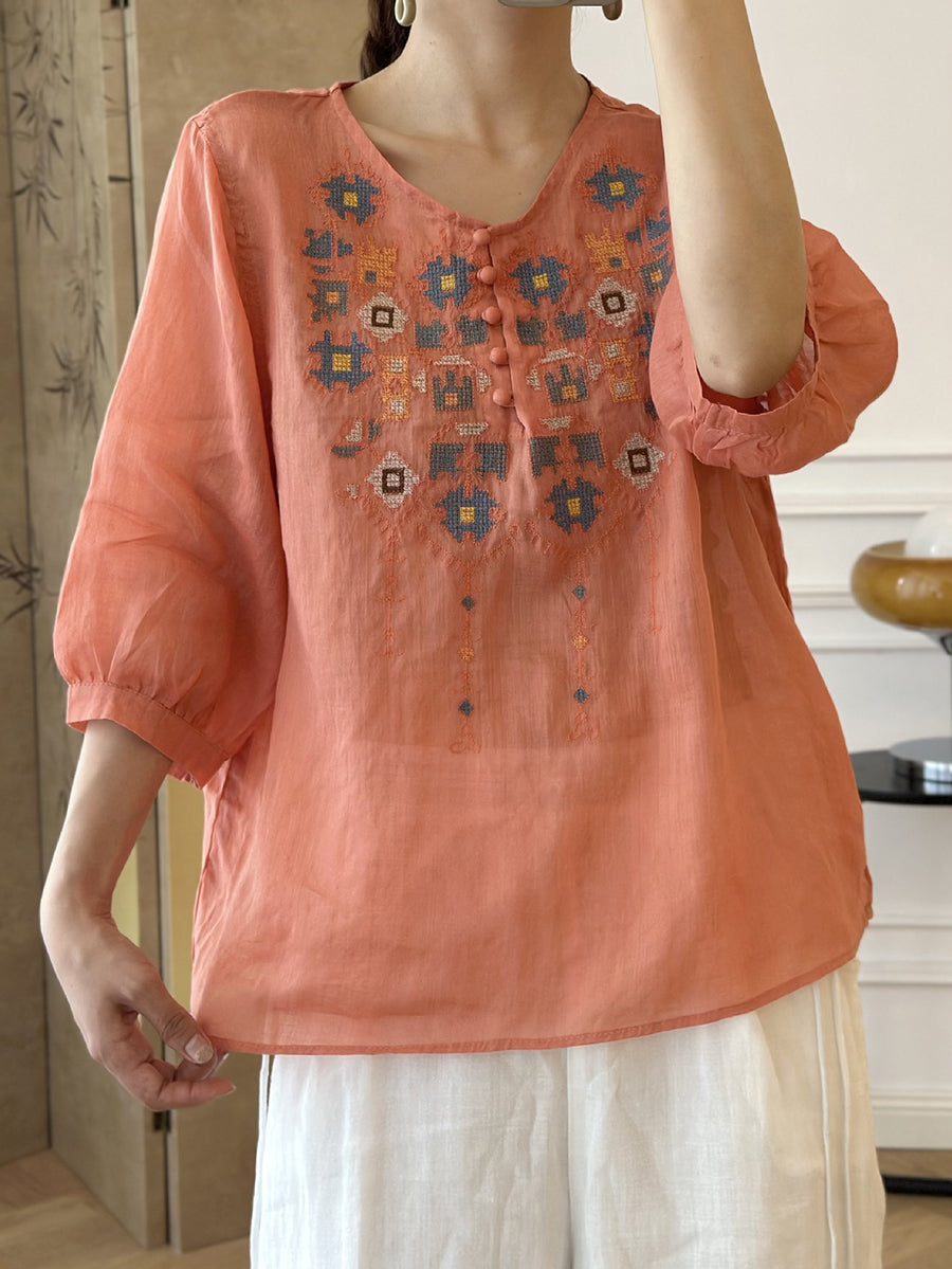 LD Dames Zomers Etnisch Geborduurd Ramie Shirt