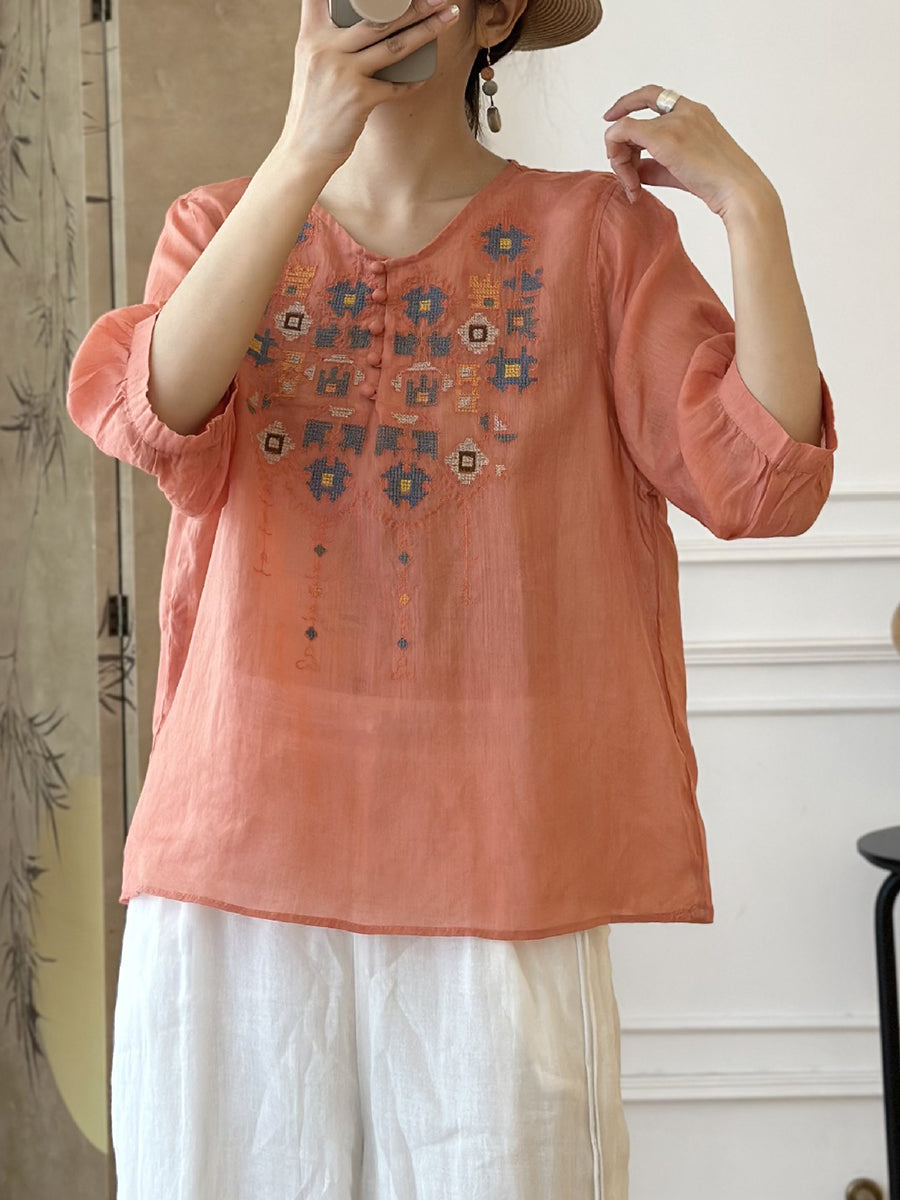 LD Dames Zomers Etnisch Geborduurd Ramie Shirt