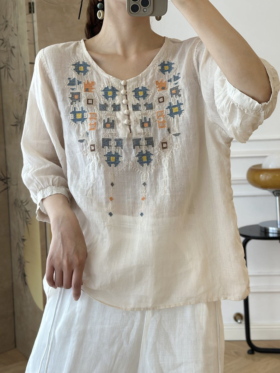 LD Dames Zomers Etnisch Geborduurd Ramie Shirt