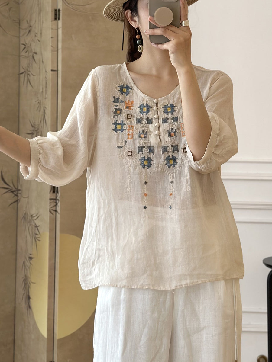 LD Dames Zomers Etnisch Geborduurd Ramie Shirt
