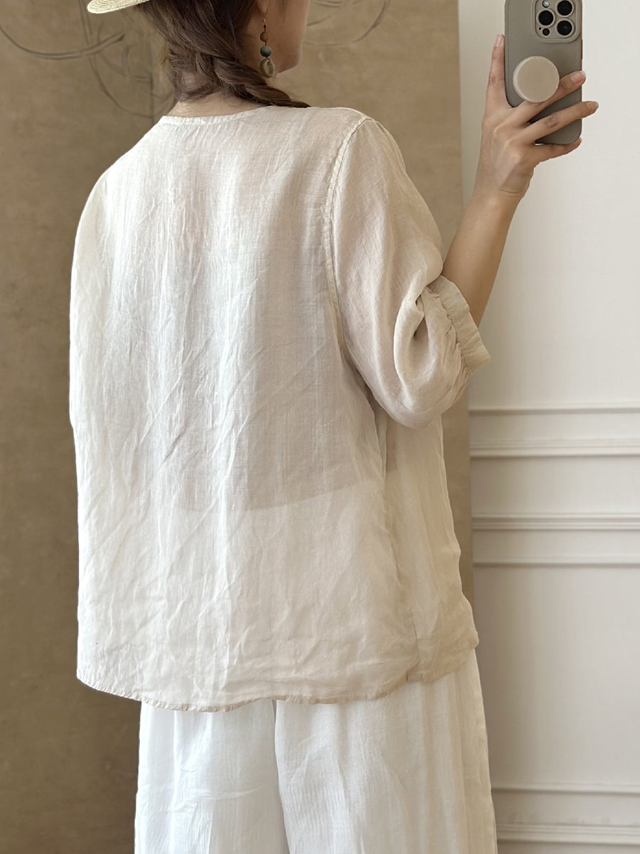 LD Dames Zomers Etnisch Geborduurd Ramie Shirt