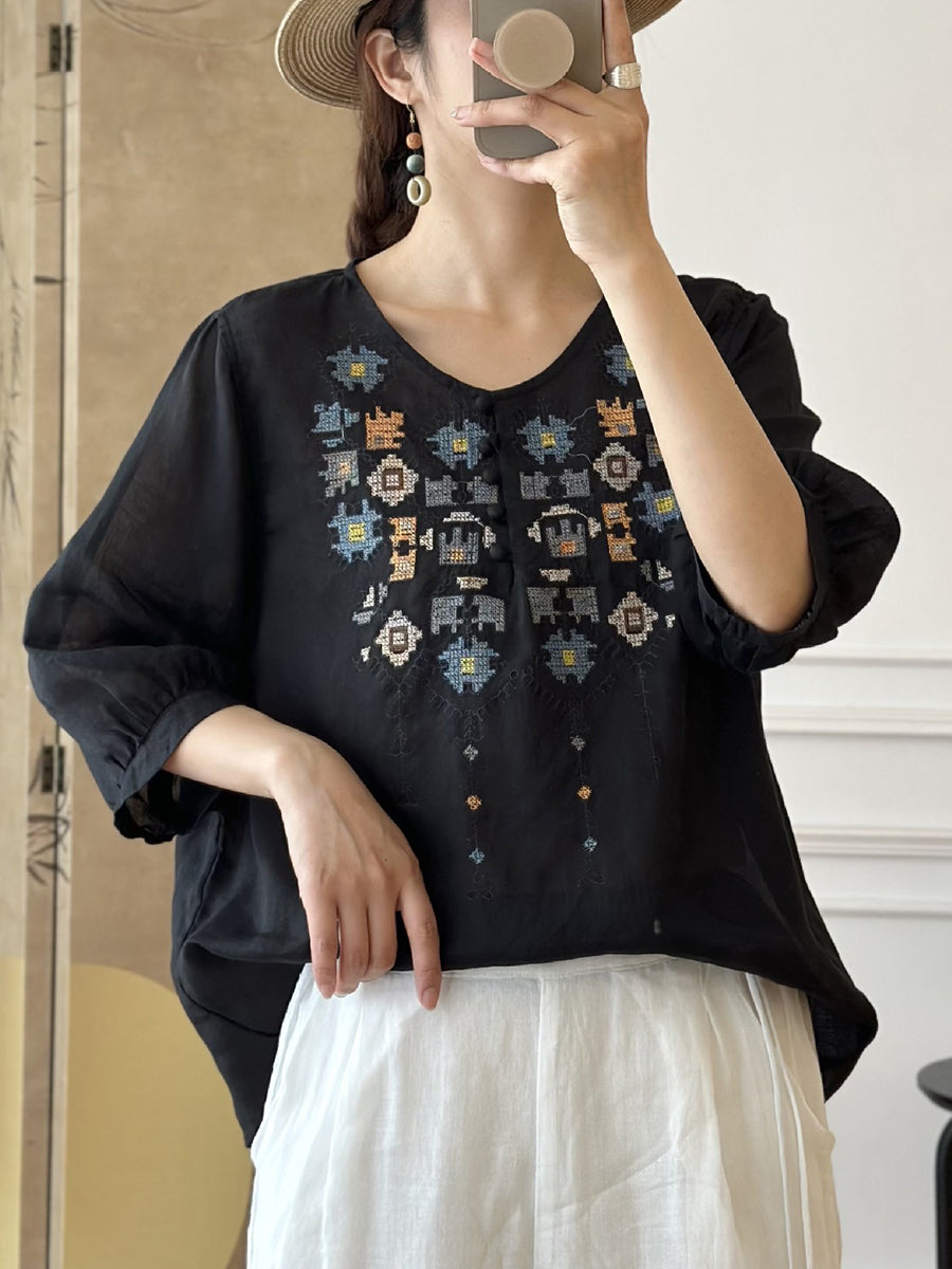 LD Dames Zomers Etnisch Geborduurd Ramie Shirt