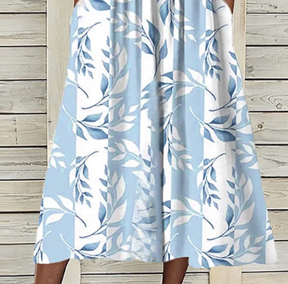 LD Unieke blauwe midi-jurk met plantenprint en jasje