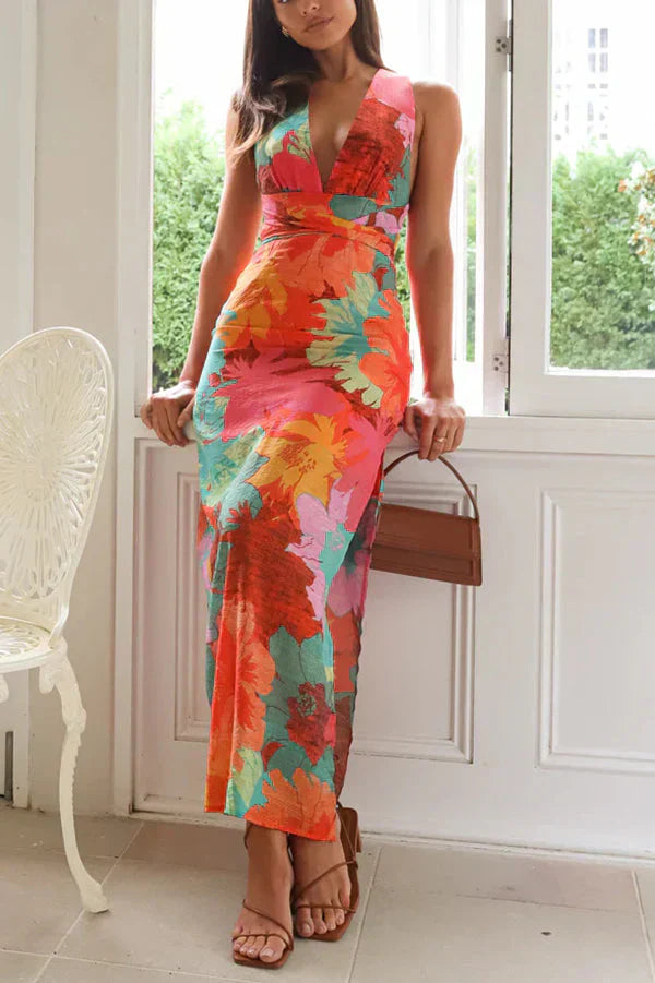 LD | Bedrukte maxi jurk met V-hals en hoge taille
