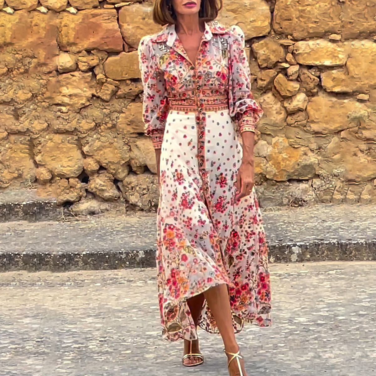 LD | Elegante maxi jurk met bloemenprint en kraag