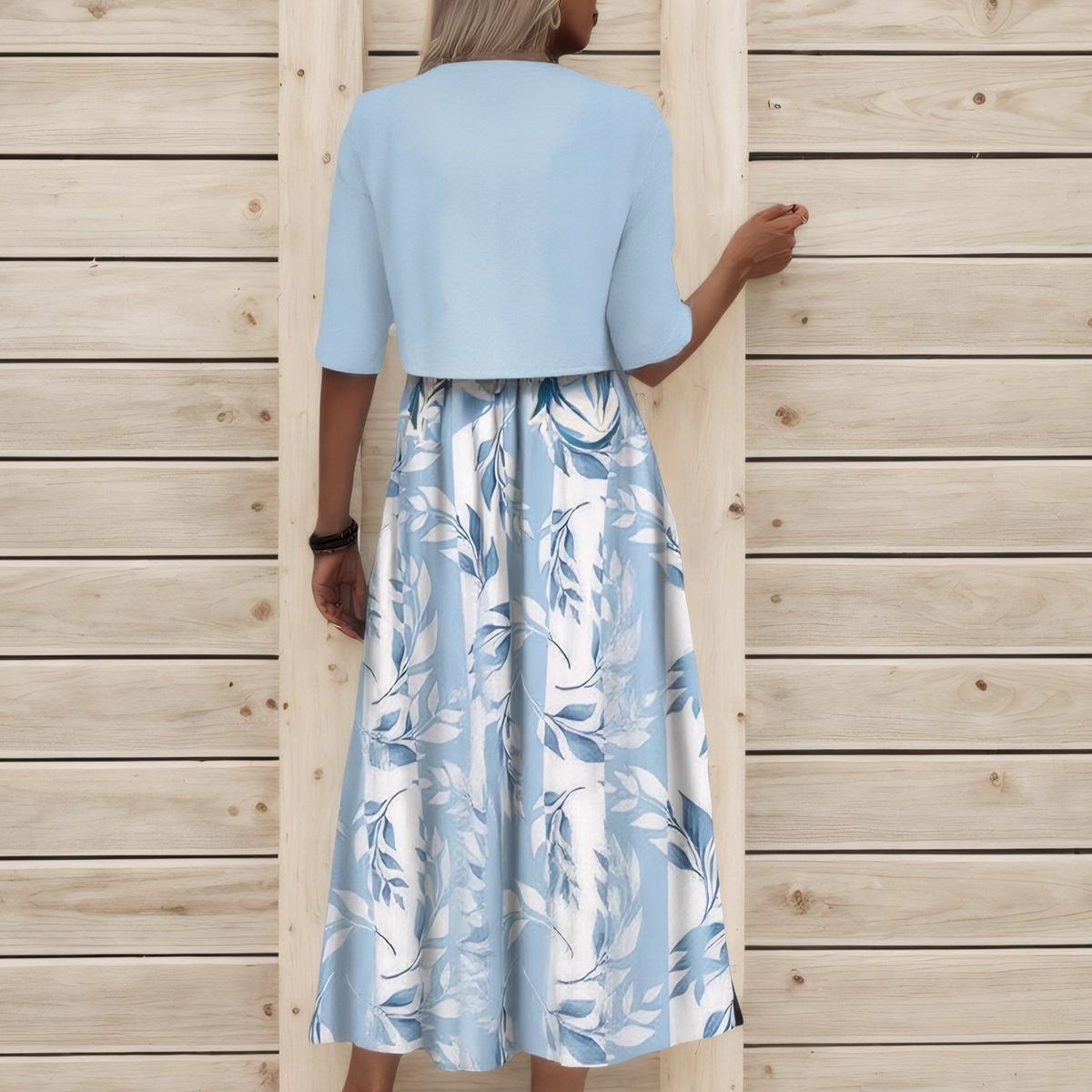 LD Unieke blauwe midi-jurk met plantenprint en jasje