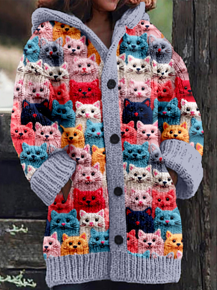 LD | Gebreide jas met knoopsluiting en speelse kattenprint