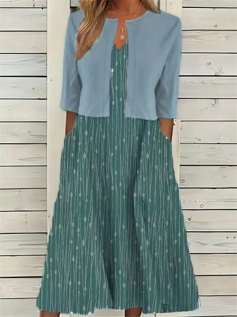 LD | elegante tweedelige bloemenjurkenset met monochrome crop top en jurk met ronde halslijn