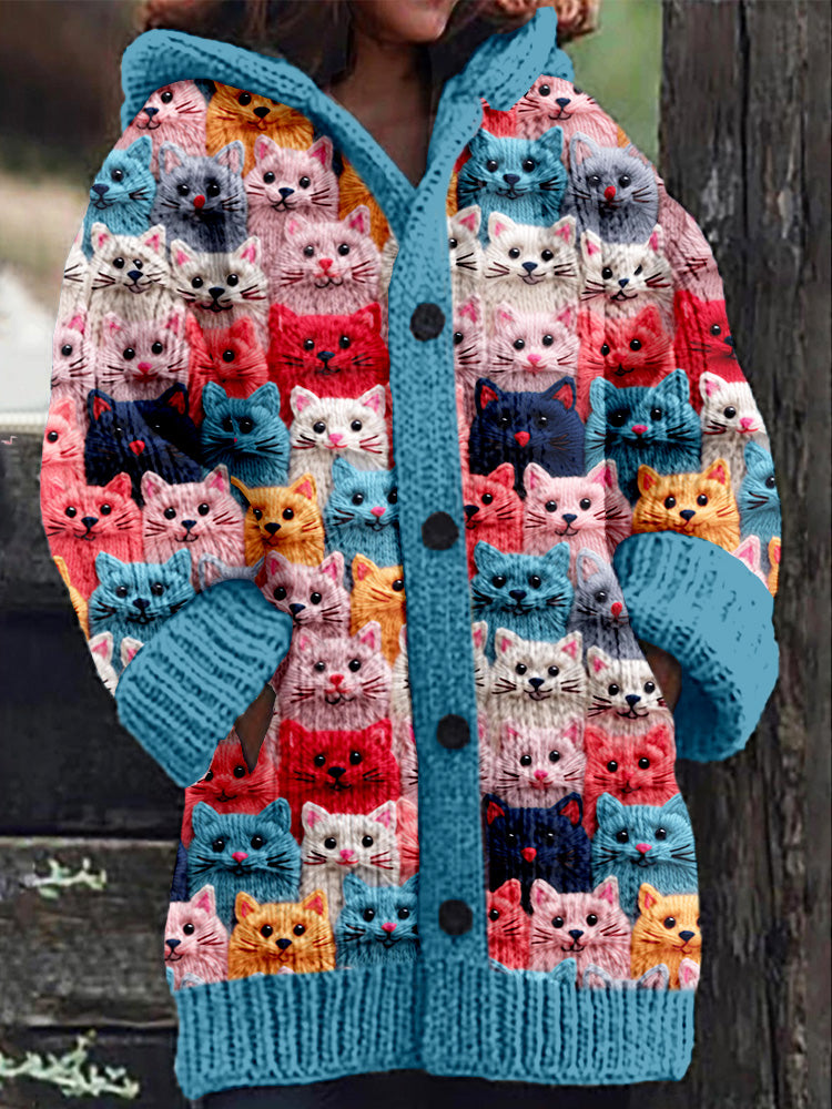 LD | Gebreide jas met knoopsluiting en speelse kattenprint