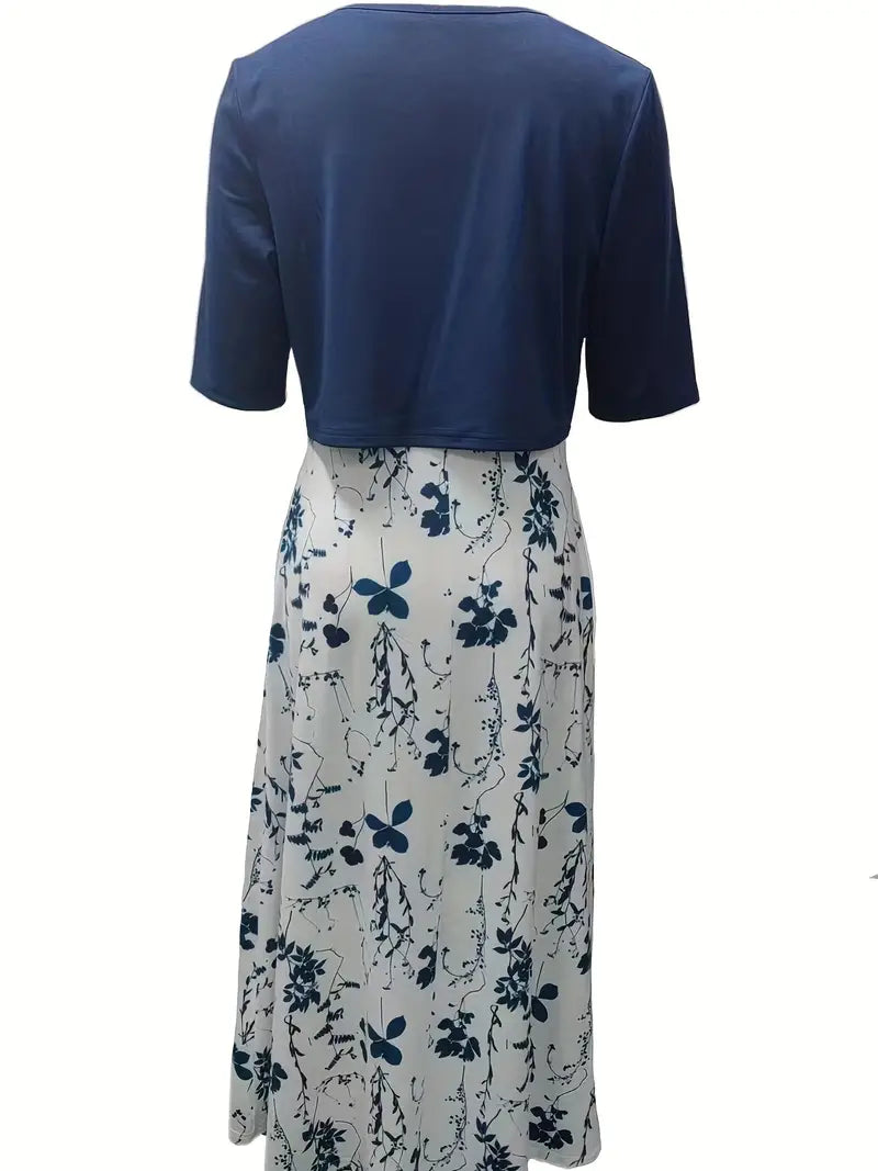 LD | elegante tweedelige bloemenjurkenset met monochrome crop top en jurk met ronde halslijn