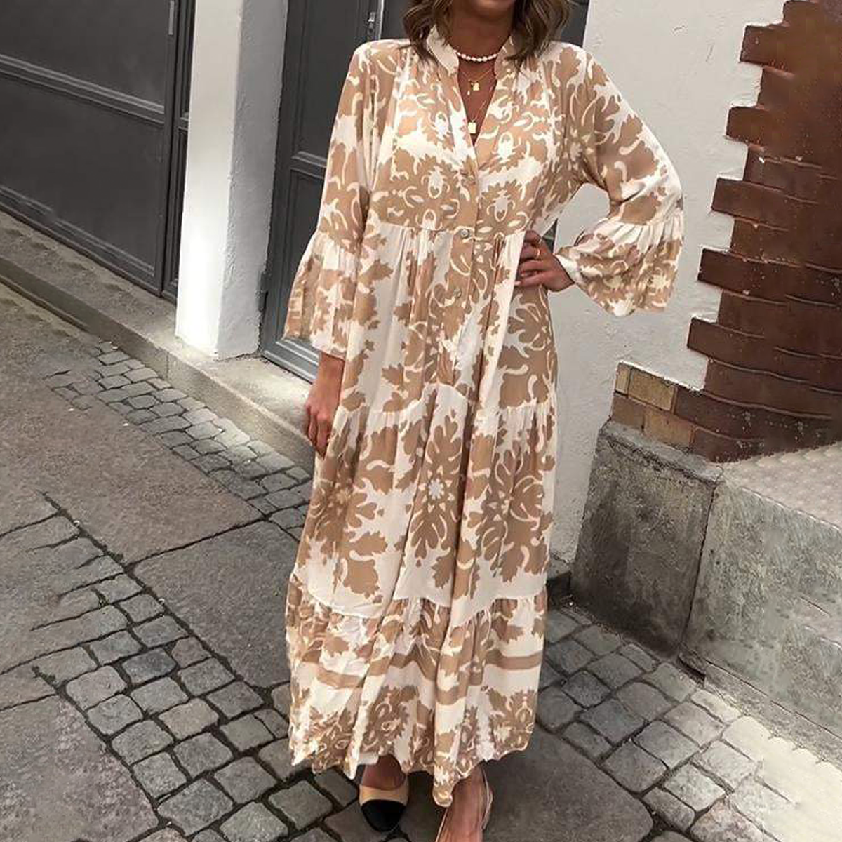 LD | Aantrekkelijke maxi jurk met V-hals en 3/4 mouwen