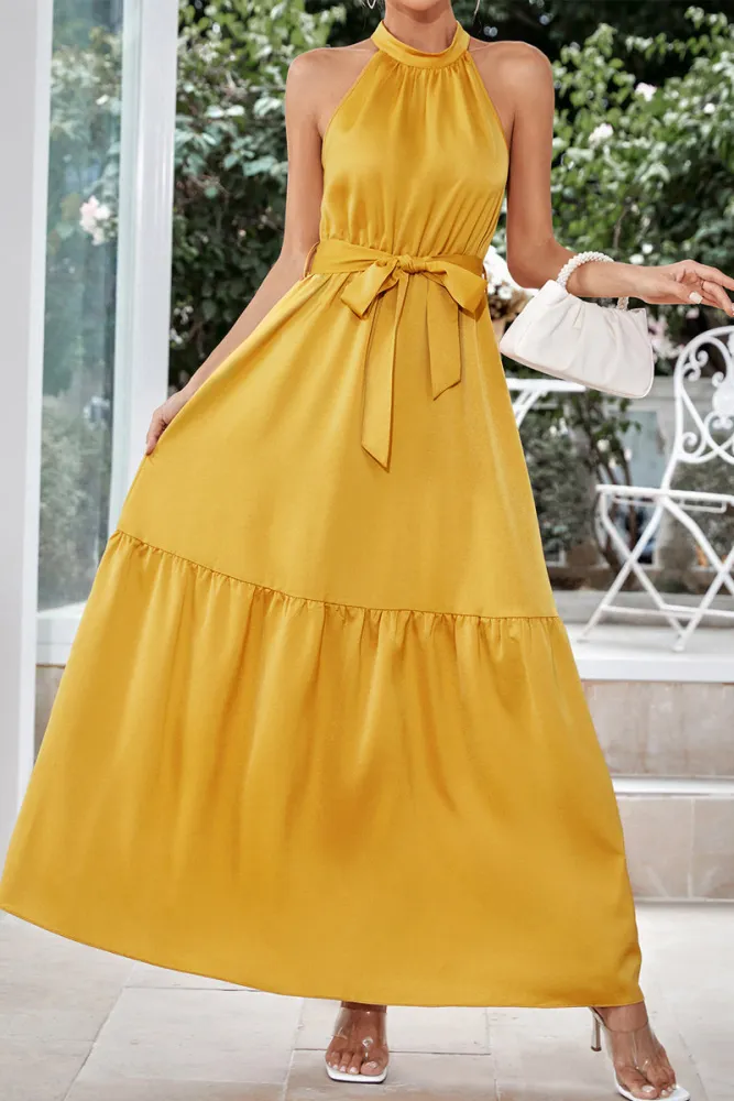 LD | Micaela - Elegante, enkelkleurige maxi-jurk met halternek en vetersluiting