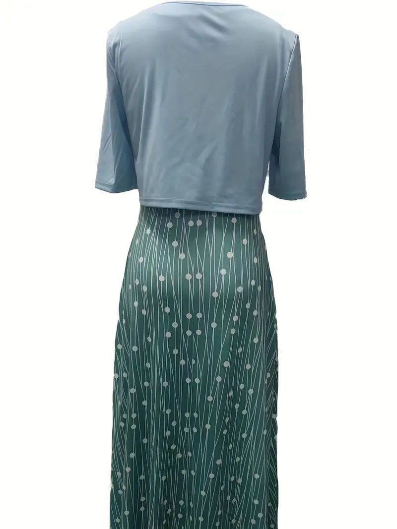 LD | elegante tweedelige bloemenjurkenset met monochrome crop top en jurk met ronde halslijn