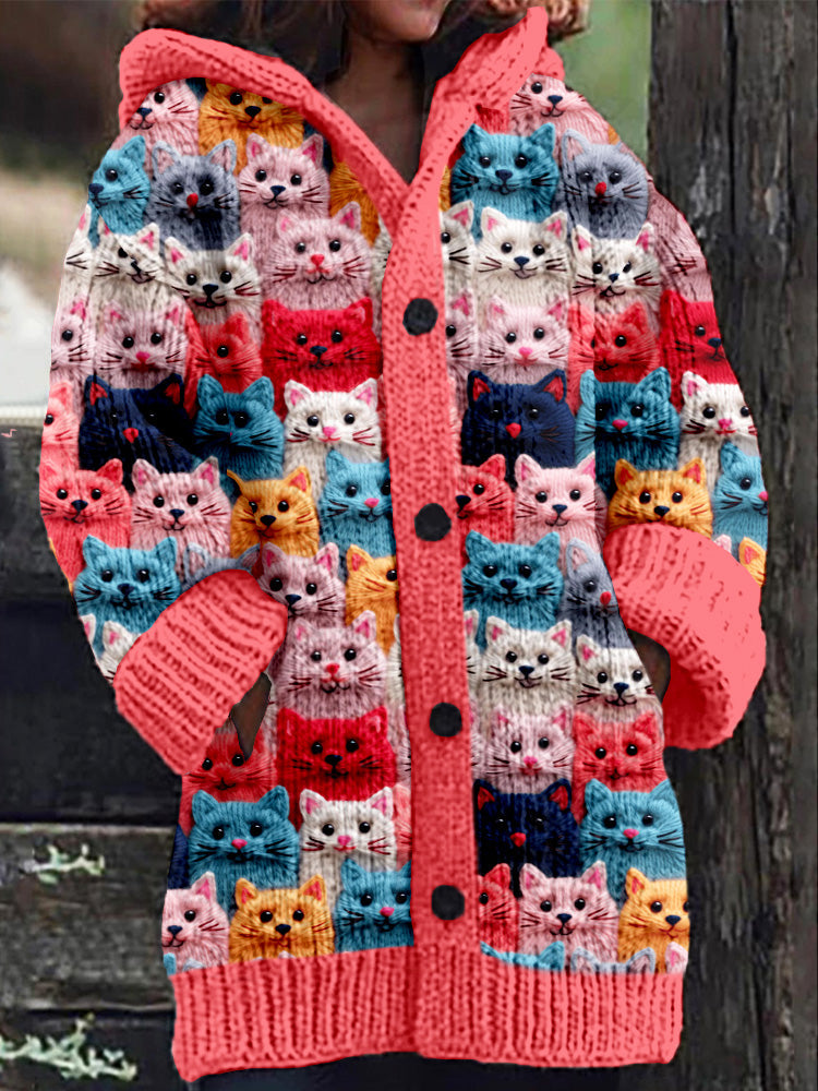 LD | Gebreide jas met knoopsluiting en speelse kattenprint