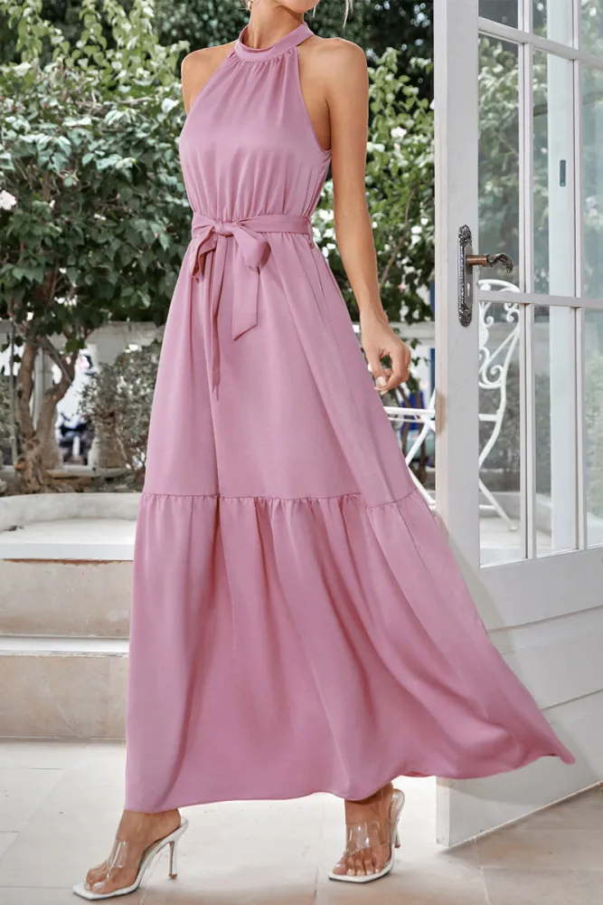 LD | Micaela - Elegante, enkelkleurige maxi-jurk met halternek en vetersluiting