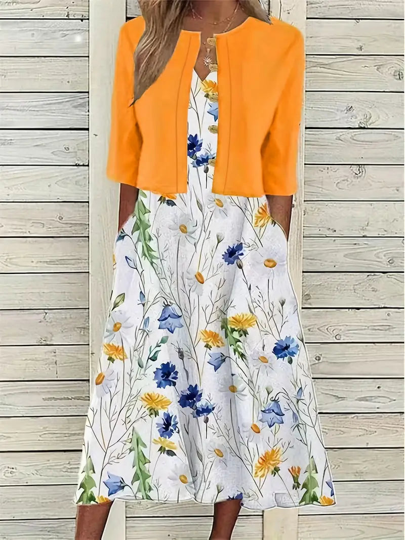 LD | elegante tweedelige bloemenjurkenset met monochrome crop top en jurk met ronde halslijn