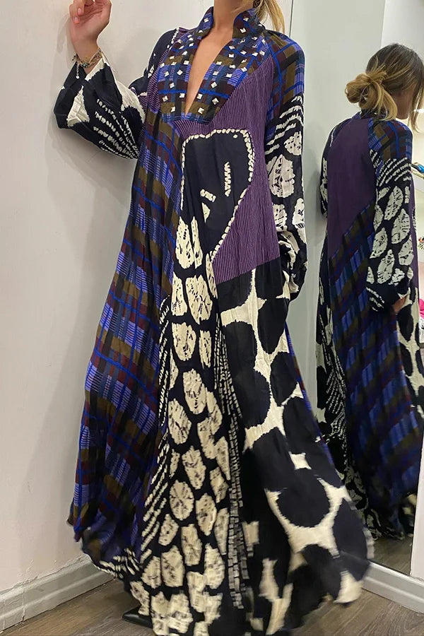 LD Rhiane -Creatieve maxi-jurk met lange mouwen, colour block print en zakken