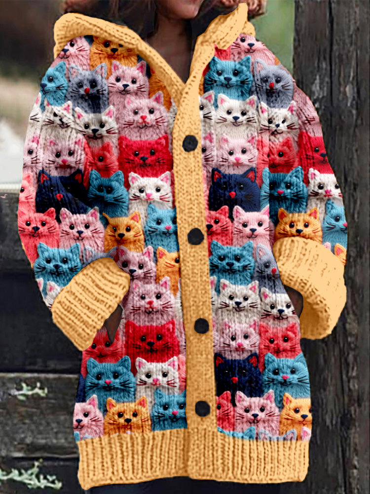 LD | Gebreide jas met knoopsluiting en speelse kattenprint