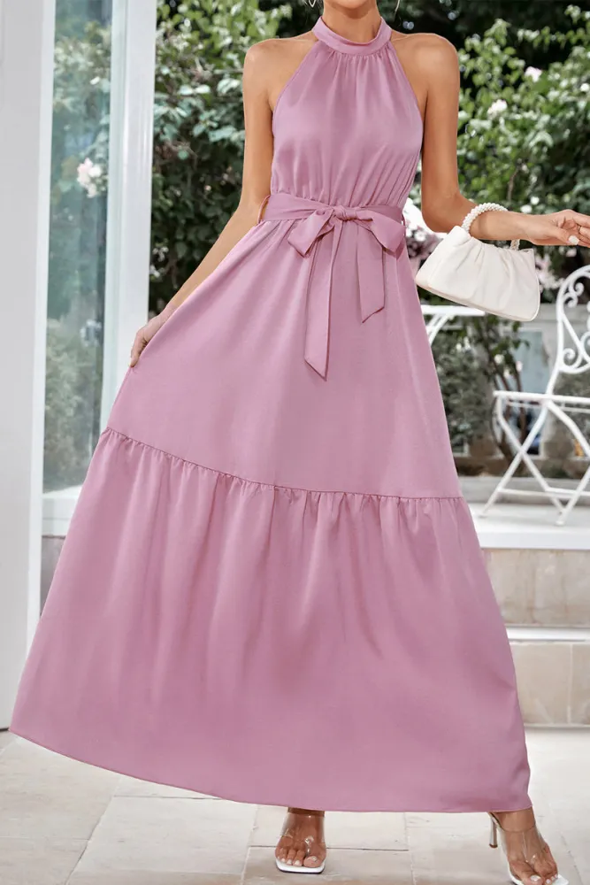 LD | Micaela - Elegante, enkelkleurige maxi-jurk met halternek en vetersluiting