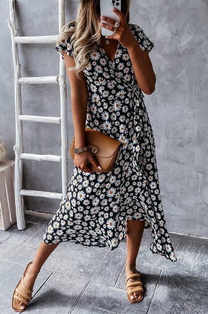 LD Midi-jurk met madeliefjesprint