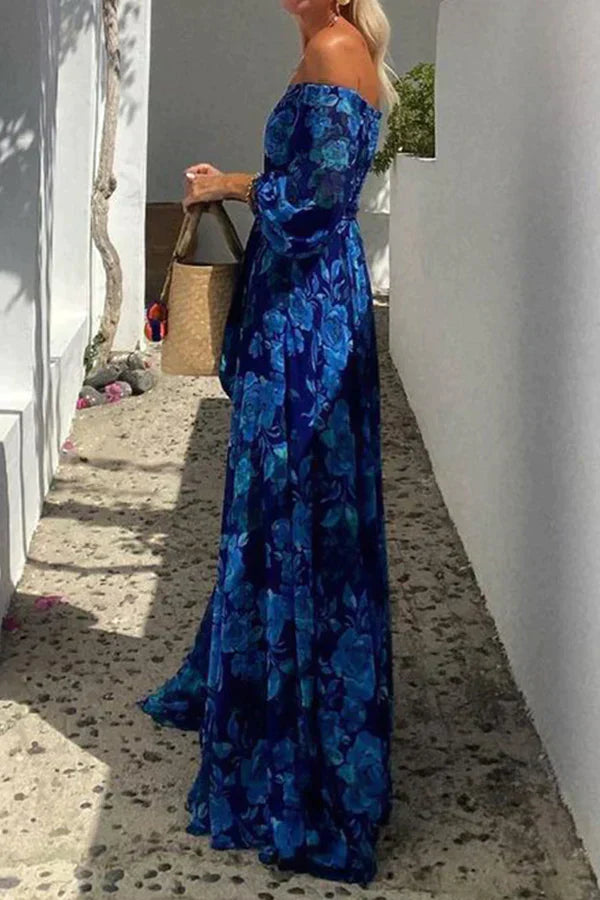 LD | Gebloemde off-the-shoulder gesmokte maxi jurk voor de feestdagen
