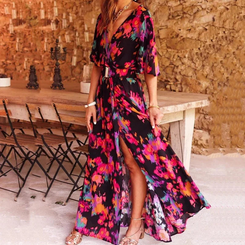 LD Ivoor - Boho maxi jurk met V-hals en riem
