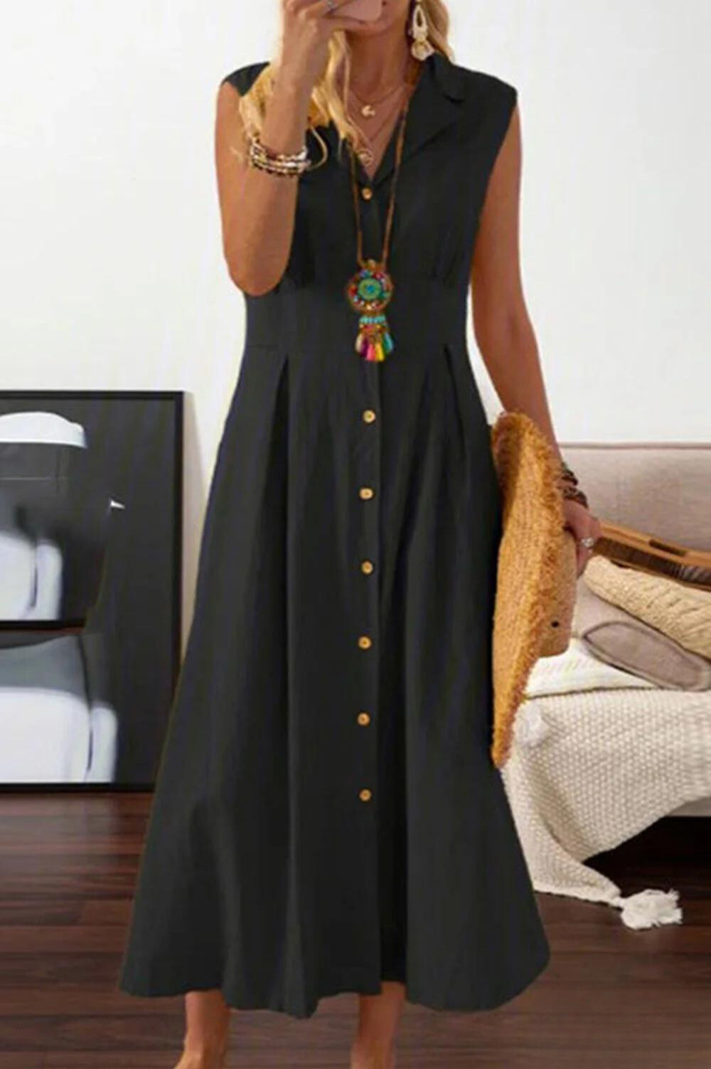 LD | mouwloze midi-jurk met overlappende knopen
