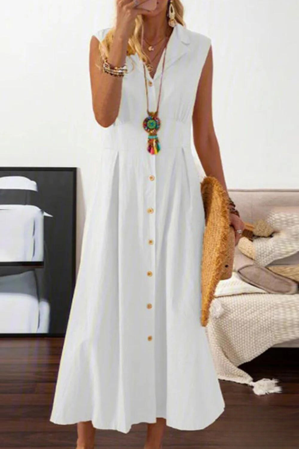 LD | mouwloze midi-jurk met overlappende knopen