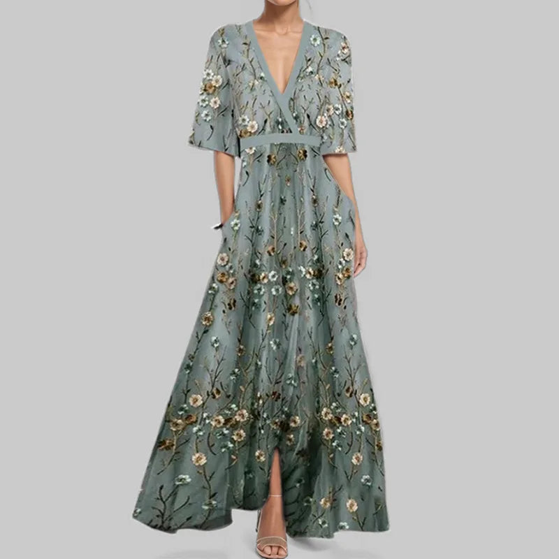 LD | Lente Zomer Vrouwen Mode V Hals Riem Feest Lange Jurk Sexy Boho Maxi Jurken Korte Mouw Zak Femlae Vakantie