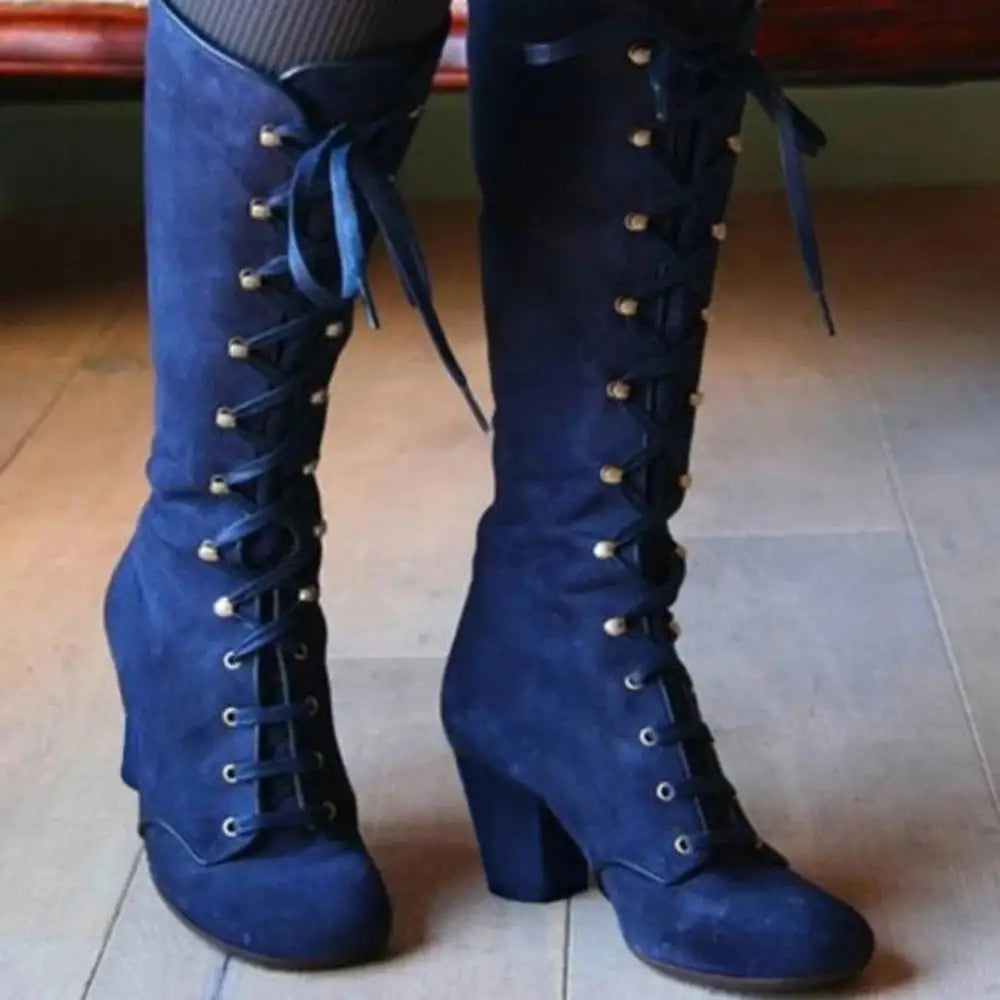 LD | Elegante kniehoge veterlaarzen met blokhak