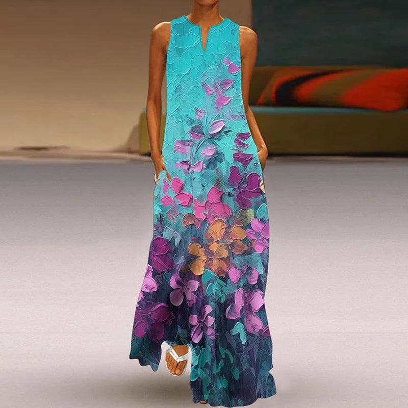 LD 2025 Zomer Nieuwe Vintage Bloem Gedrukte Lange Jurken Vrouwen Mode V-Hals Losse Mouwloze Jurk Casual Woon-werkverkeer Vestidos Vrouw