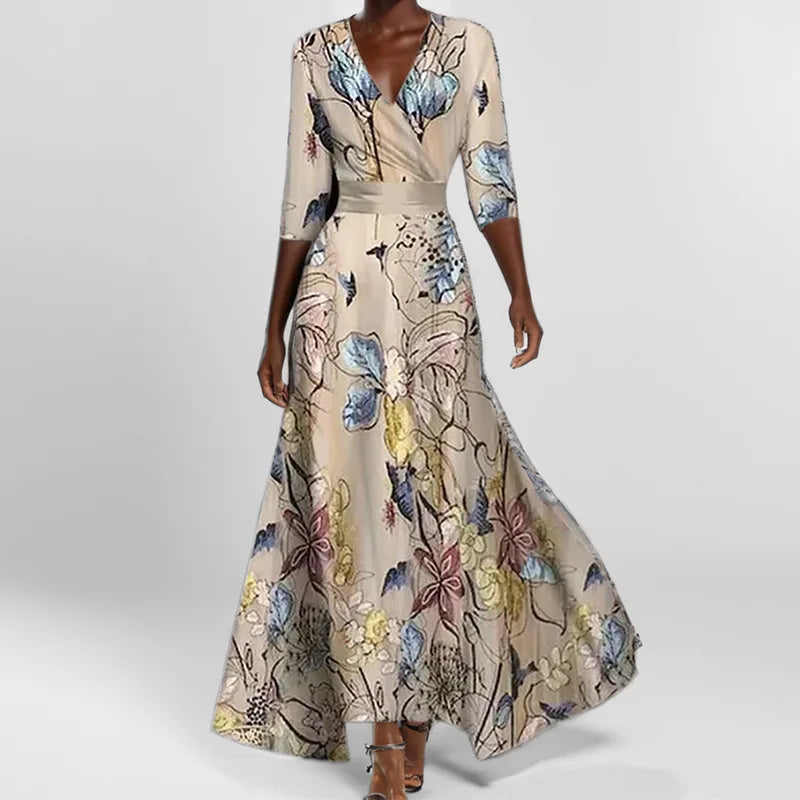 LD | Lente Zomer Vrouwen Mode V Hals Riem Feest Lange Jurk Sexy Boho Maxi Jurken Korte Mouw Zak Femlae Vakantie