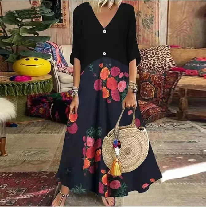 LD 2025 Spring Oversize Women's Long Dress Print V-Hals Korte Mouwen Button Loose A-Line Dresses Female Casual Elegant Dameskleding