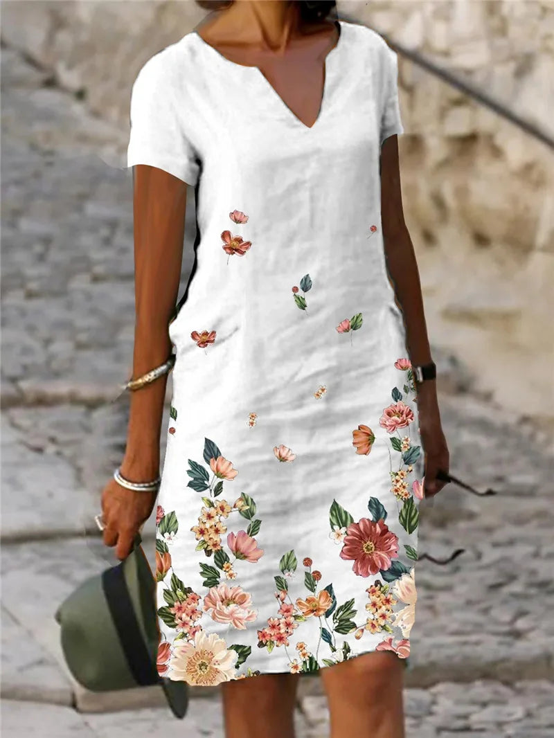 LD 2024 Zomer Elegante Vrouwen Jurk Oversized Gedrukt V-Hals Jurken Vrouw Lente Trendy Strand Mode Casual Losse Kleding Dames