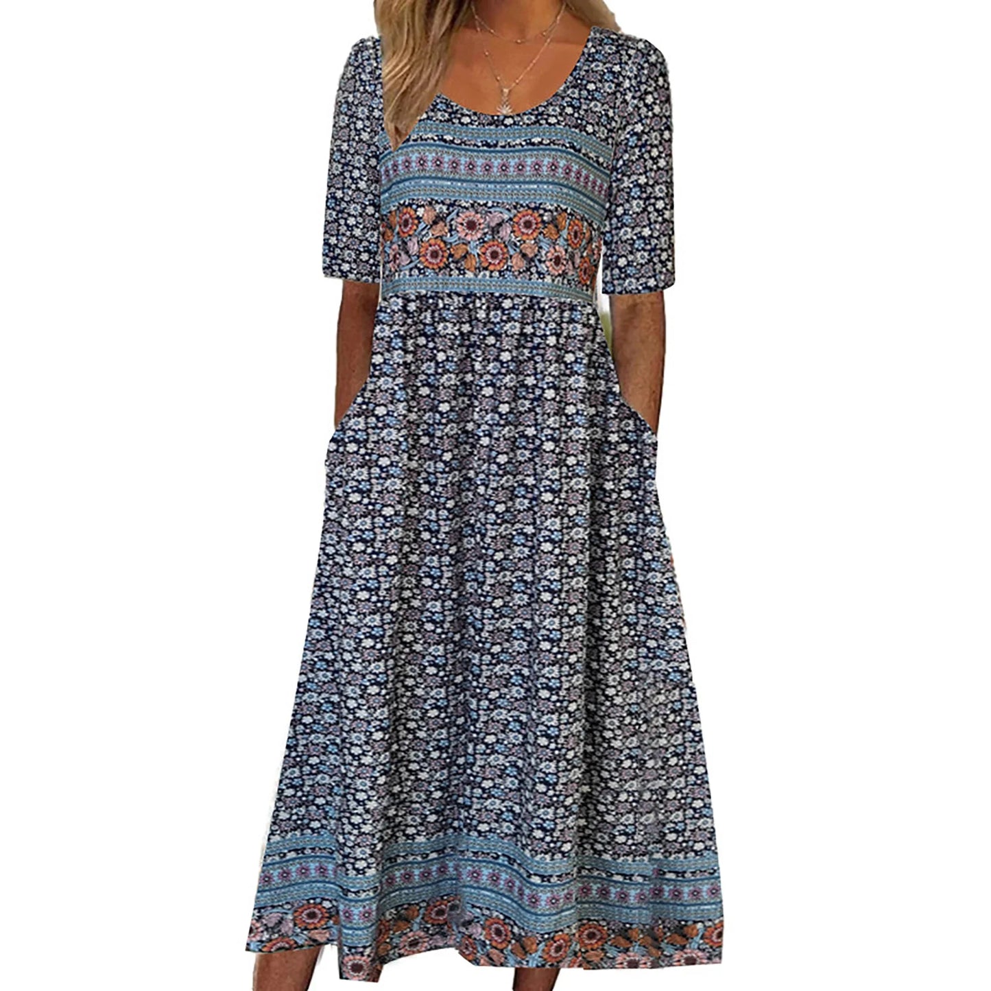 LD | 2025 zomer nieuwe vrouwen bohemia losse mode print ronde hals korte mouw lange jurk