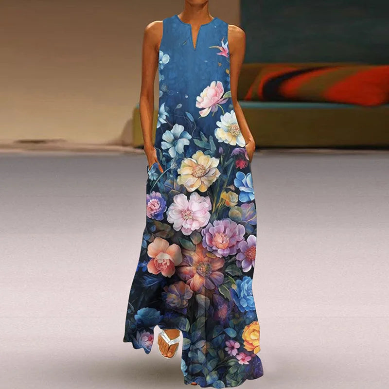 LD 2025 Zomer Nieuwe Vintage Bloem Gedrukte Lange Jurken Vrouwen Mode V-Hals Losse Mouwloze Jurk Casual Woon-werkverkeer Vestidos Vrouw