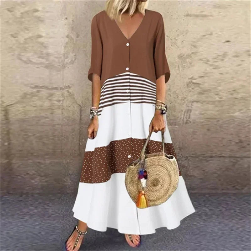 LD 2025 Spring Oversize Women's Long Dress Print V-Hals Korte Mouwen Button Loose A-Line Dresses Female Casual Elegant Dameskleding