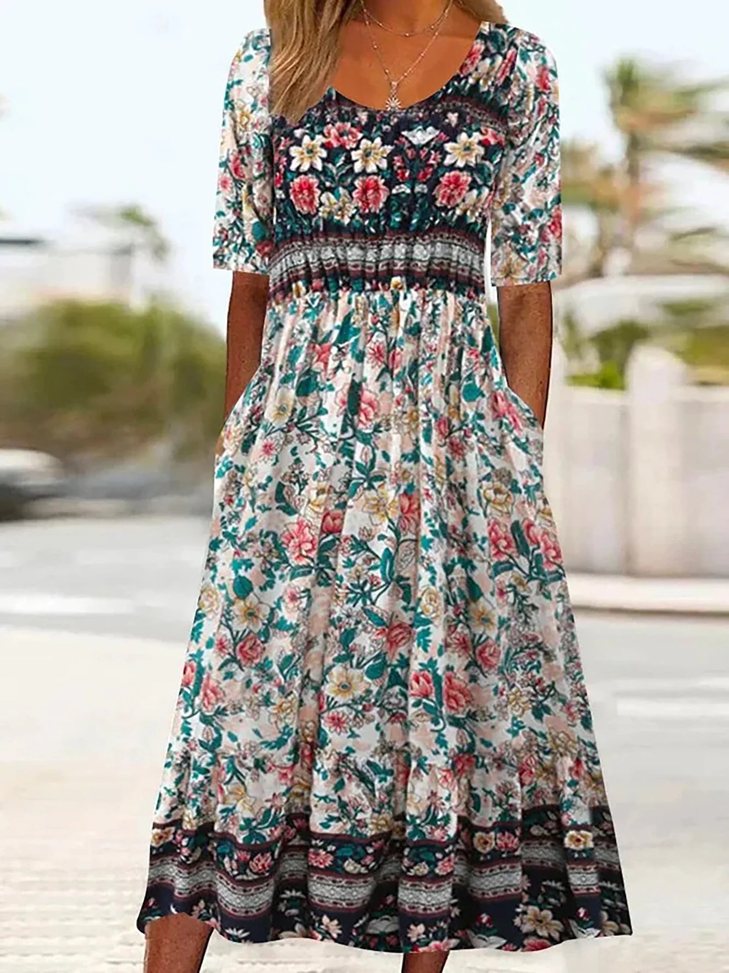 LD | 2025 zomer nieuwe vrouwen bohemia losse mode print ronde hals korte mouw lange jurk