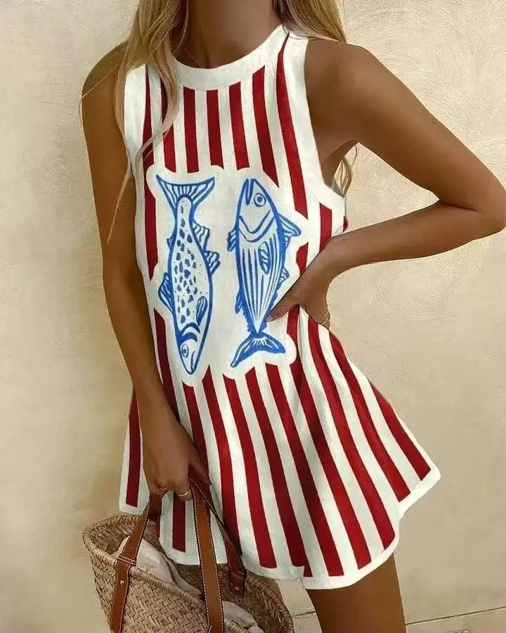 LD Vrouwen Puzzelprint Zomerjurk Mouwloos Over de Knie Mini-jurk Casual Tank Top Strandjurk voor Vrouwen
