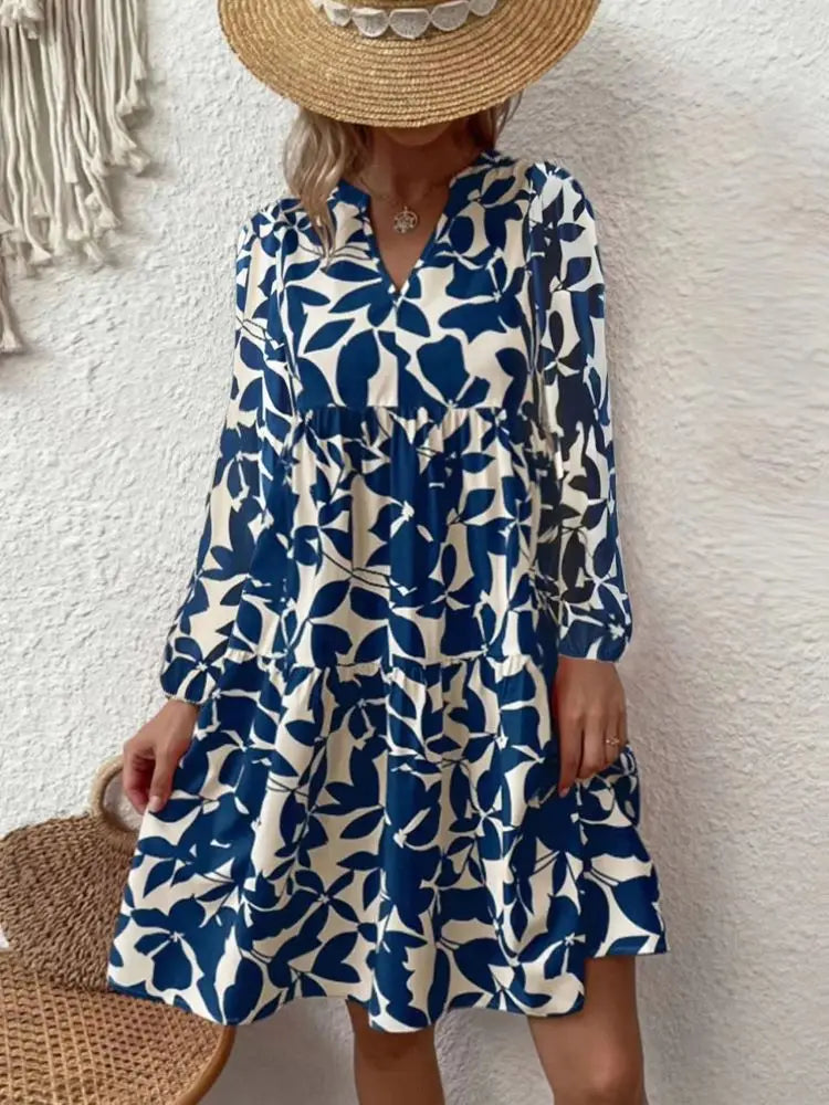LD 2024 Dames Zomer Elegante V-Hals Geplooide Lijn Soondress Boho Print Mini Dress Casual Los Oversize Strand Soondress