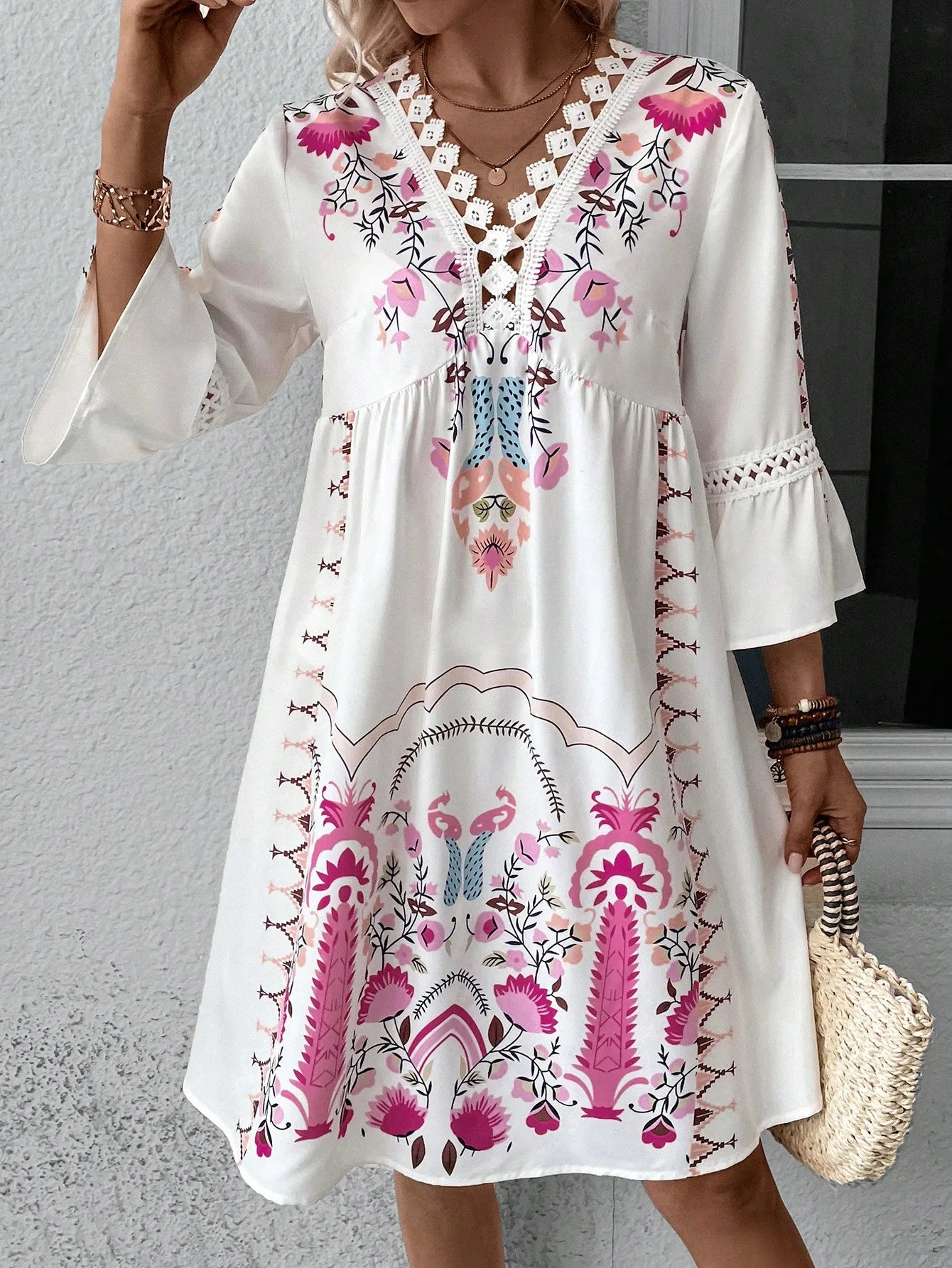 LD 2025 Dames Jurk Zomervakantie V-Hals Lange Mouwen Bloemen Print Strand Feest Jurken Sexy Mini Kleding Voor Vrouwen Vestidos